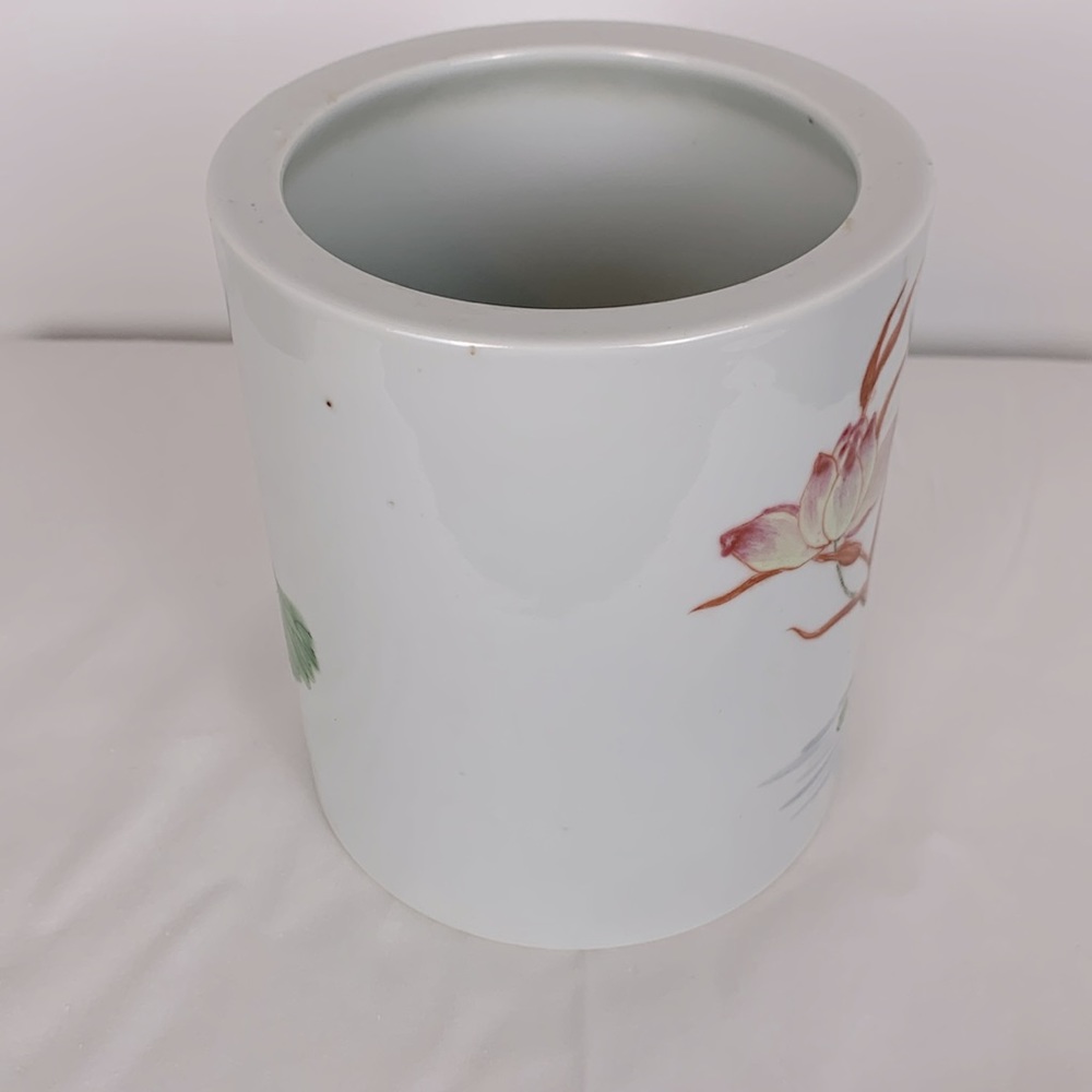 Chinese White Ceramic Water Graphic with Ducks & Flowers Container Vase Planter - Picture 4 of 9